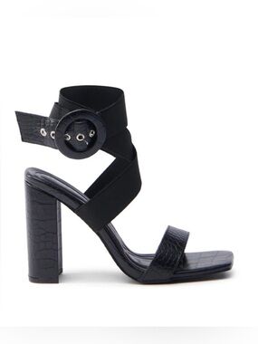 Azalea Wang NADJA Black Croc Sandals with Strap